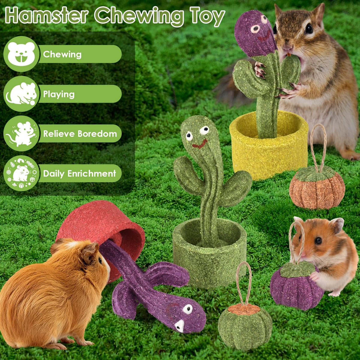 ERKOON 2Pcs Guinea Pig Chew Toys, Natural Timothy Grass & Vegetables Bunny Treats, Prevent Teeth Overgrowth, Small Animal Molar Toy for Rabbit, Hamster, Chinchilla, Gerbil Habitat Decor，Cactus-Shaped