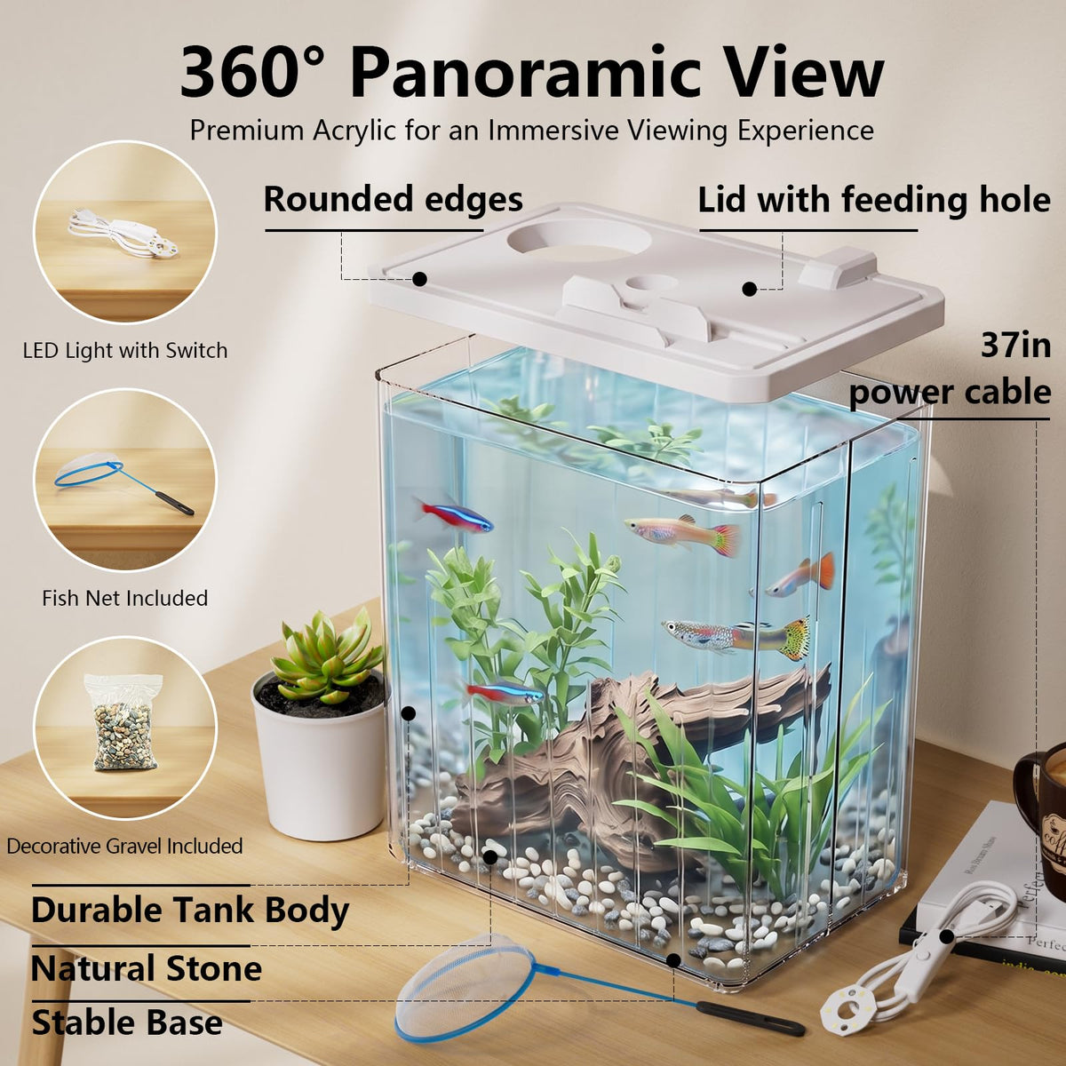 5 Gallon Fish Tank Aquarium Starter Kit with Filter and Light(Large Black)