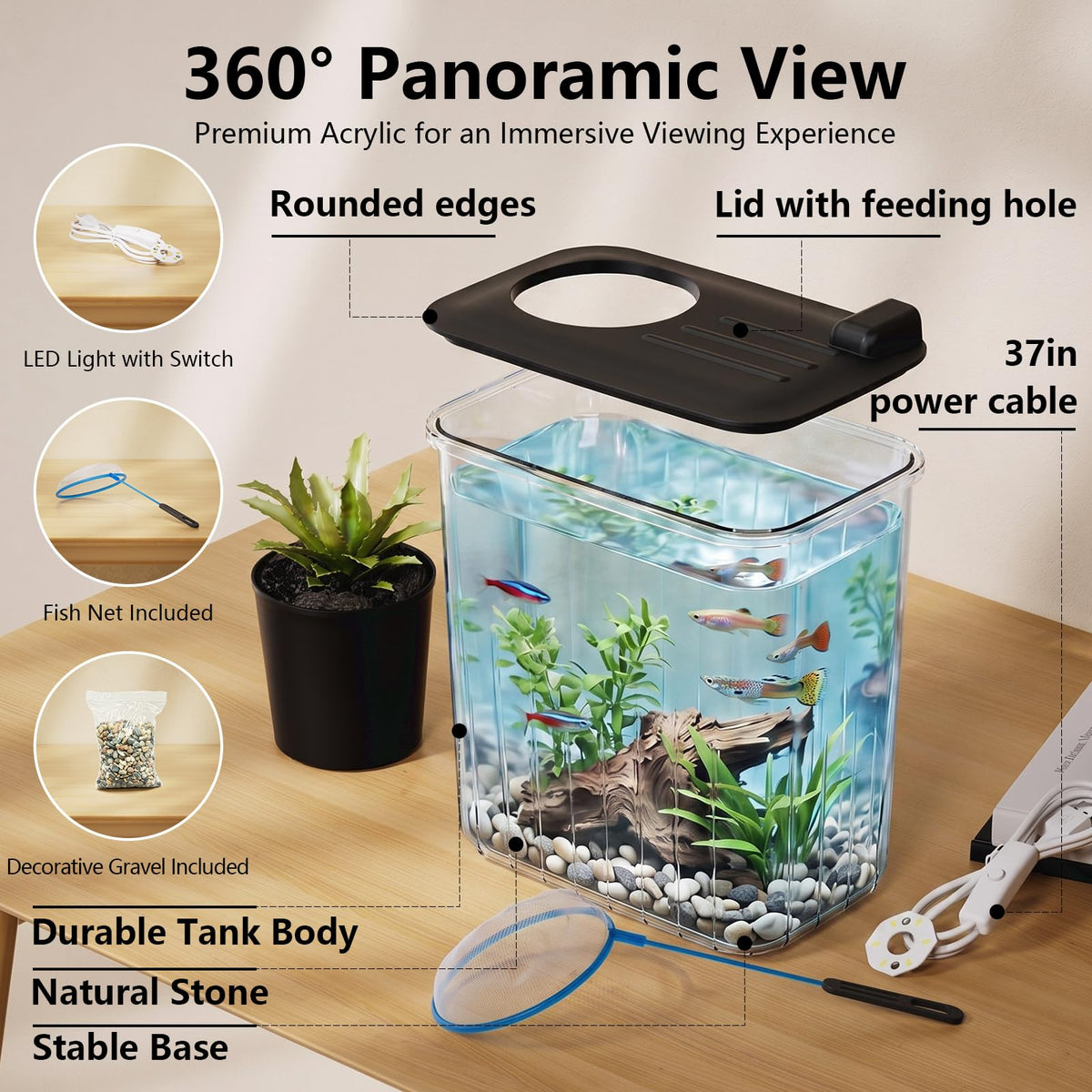 5 Gallon Fish Tank Aquarium Starter Kit with Filter and Light(Large Black)
