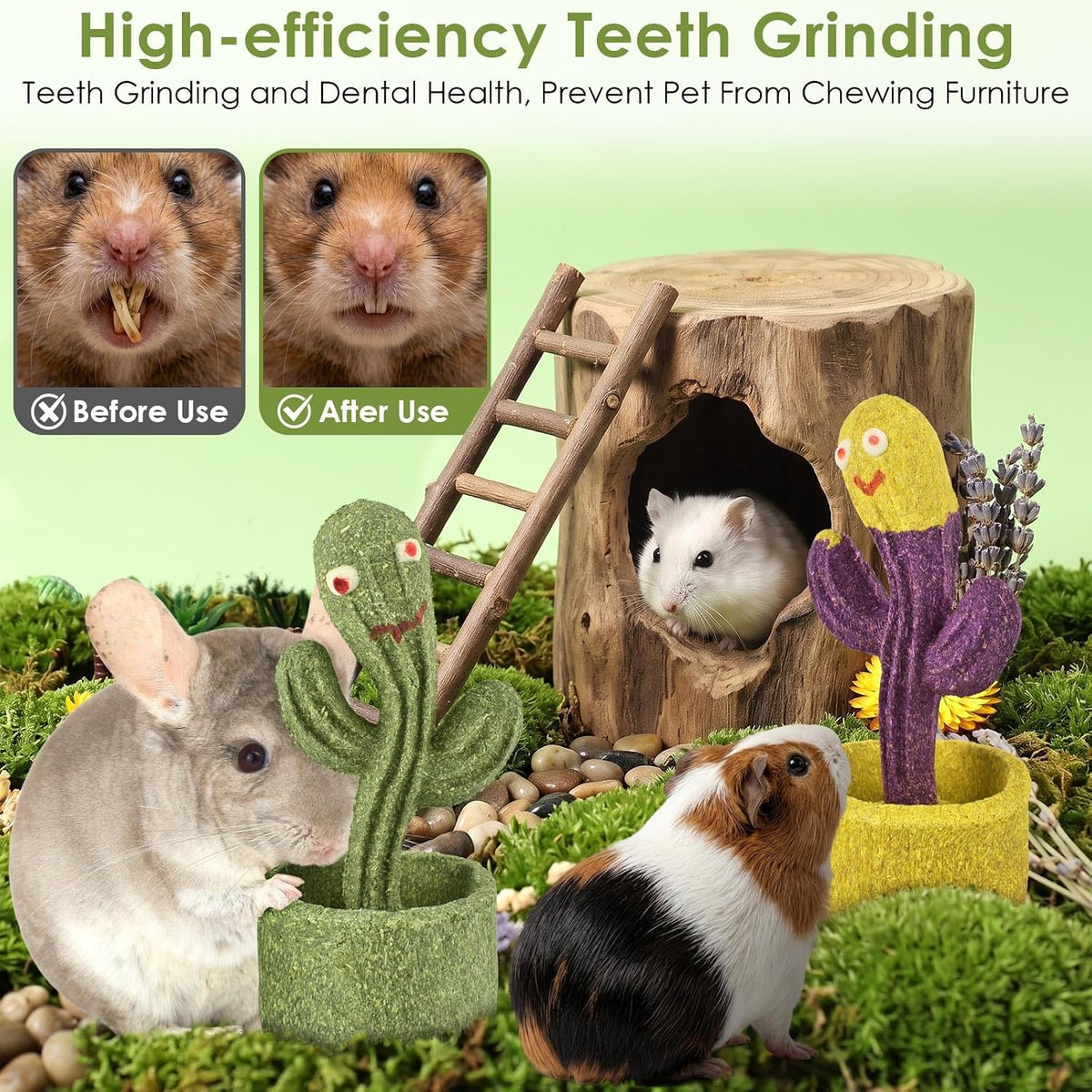 ERKOON 2Pcs Guinea Pig Chew Toys, Natural Timothy Grass & Vegetables Bunny Treats, Prevent Teeth Overgrowth, Small Animal Molar Toy for Rabbit, Hamster, Chinchilla, Gerbil Habitat Decor，Cactus-Shaped