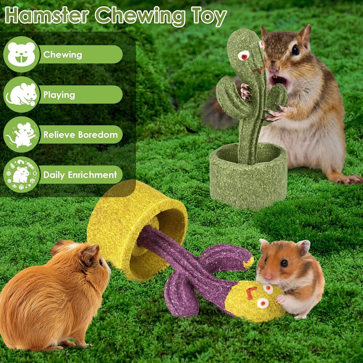ERKOON 2Pcs Guinea Pig Chew Toys, Natural Timothy Grass & Vegetables Bunny Treats, Prevent Teeth Overgrowth, Small Animal Molar Toy for Rabbit, Hamster, Chinchilla, Gerbil Habitat Decor，Cactus-Shaped