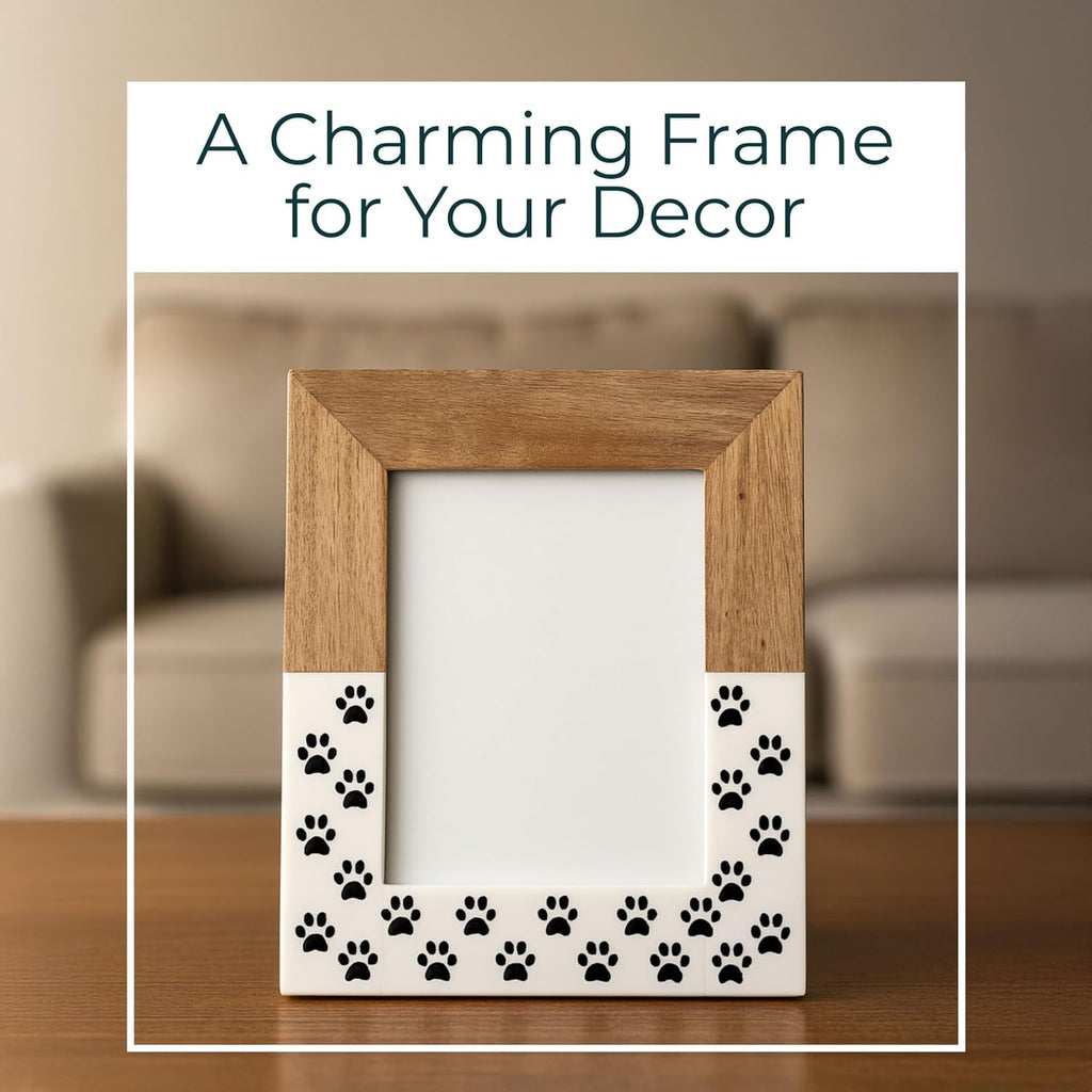 Wooden Picture Frame with Paw Print Design – Rustic Wood and Resin Photo Display for Wall or Tabletop – Sentimental Keepsake for Living Room, Bedroom or Office Home Decor – 10", White