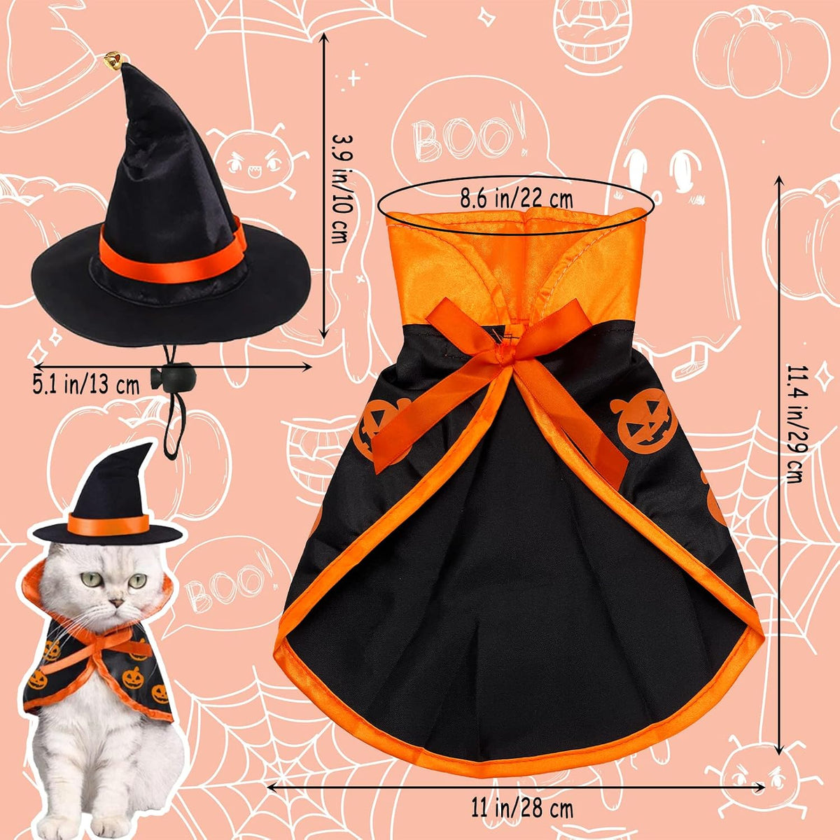 Halloween Costumes for Small Cats Witch Cloak Wizard Hat Cat Halloween Accessories Pet Costumes for Pet Cat Small Dog Cosplay Party Decorations
