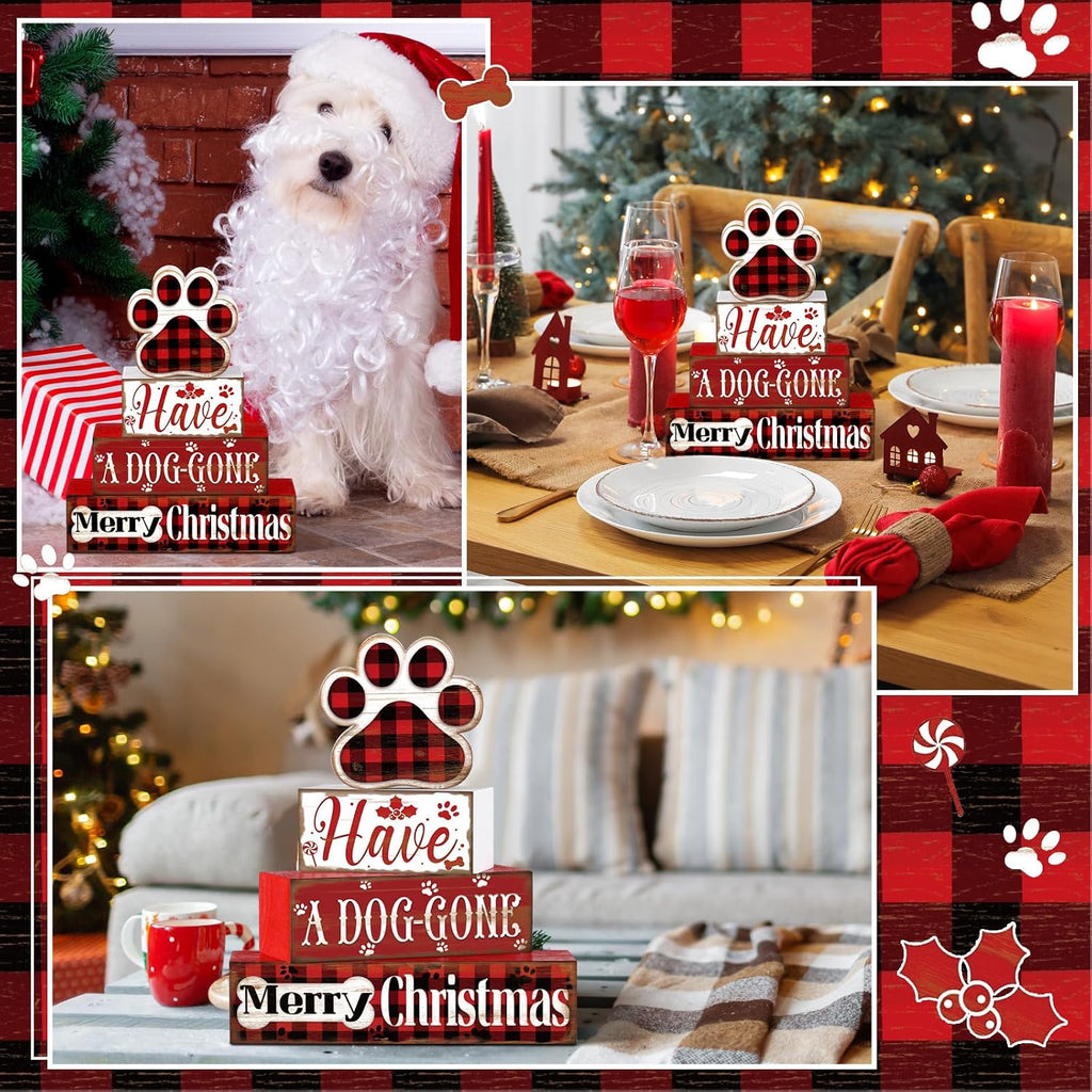 Moucuny Christmas Dog Wood Sign 4 Tier, Farmhouse Table Block Plaid Paw