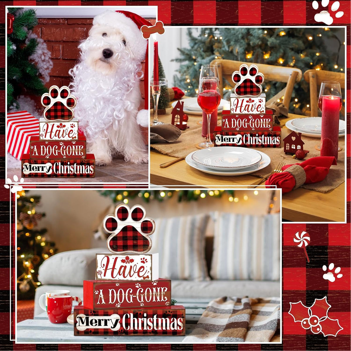 Moucuny Christmas Dog Wood Sign 4 Tier, Farmhouse Table Block Plaid Paw