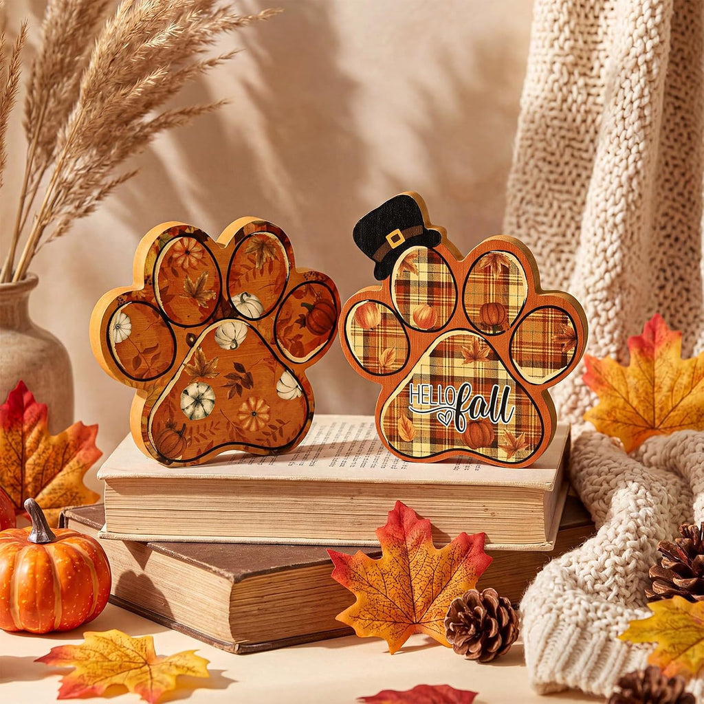 2 Pcs Fall Dog Paw Print Decor Hello Autumn Table Shelf Wood Sign