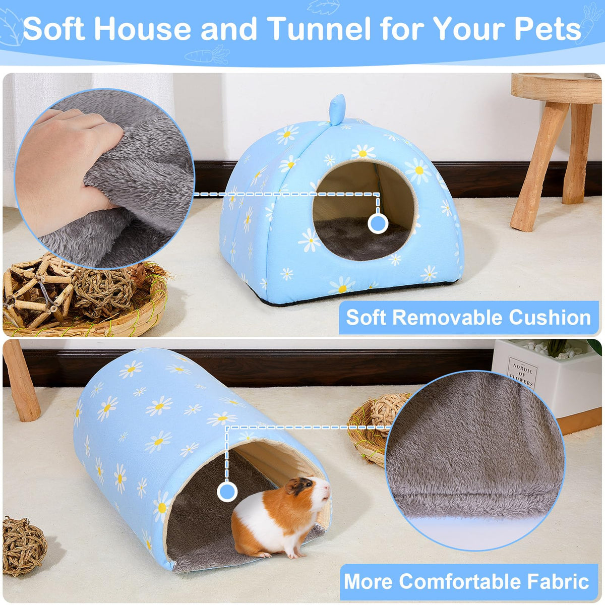 Bienbee Guinea Pig Hideout, 2 Piece Washable Set for Small Animals Small