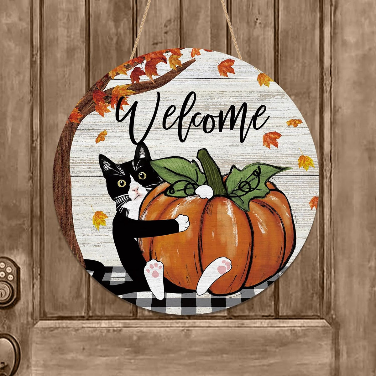 YINENA Welcome Fall Cat Door Sign Pumpkin Wood Door Hanger for Outdoor Outside Porch Autumn Seasonal Farmhouse Wooden Indoor Wall Hanging Decoration