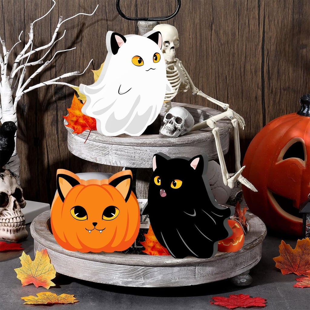 Halloween Cat Ghost Wooden Signs Pumpkin Decor, 3PCS Cute Halloween Table Signs Pumpkin Black Cat Freestanding Decorative Signs, Halloween Tiered Tray Centerpiece Indoor Home Decorations