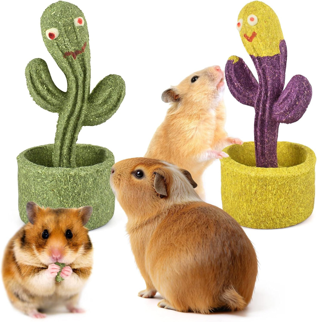 ERKOON 2Pcs Guinea Pig Chew Toys, Natural Timothy Grass & Vegetables Bunny Treats, Prevent Teeth Overgrowth, Small Animal Molar Toy for Rabbit, Hamster, Chinchilla, Gerbil Habitat Decor，Cactus-Shaped