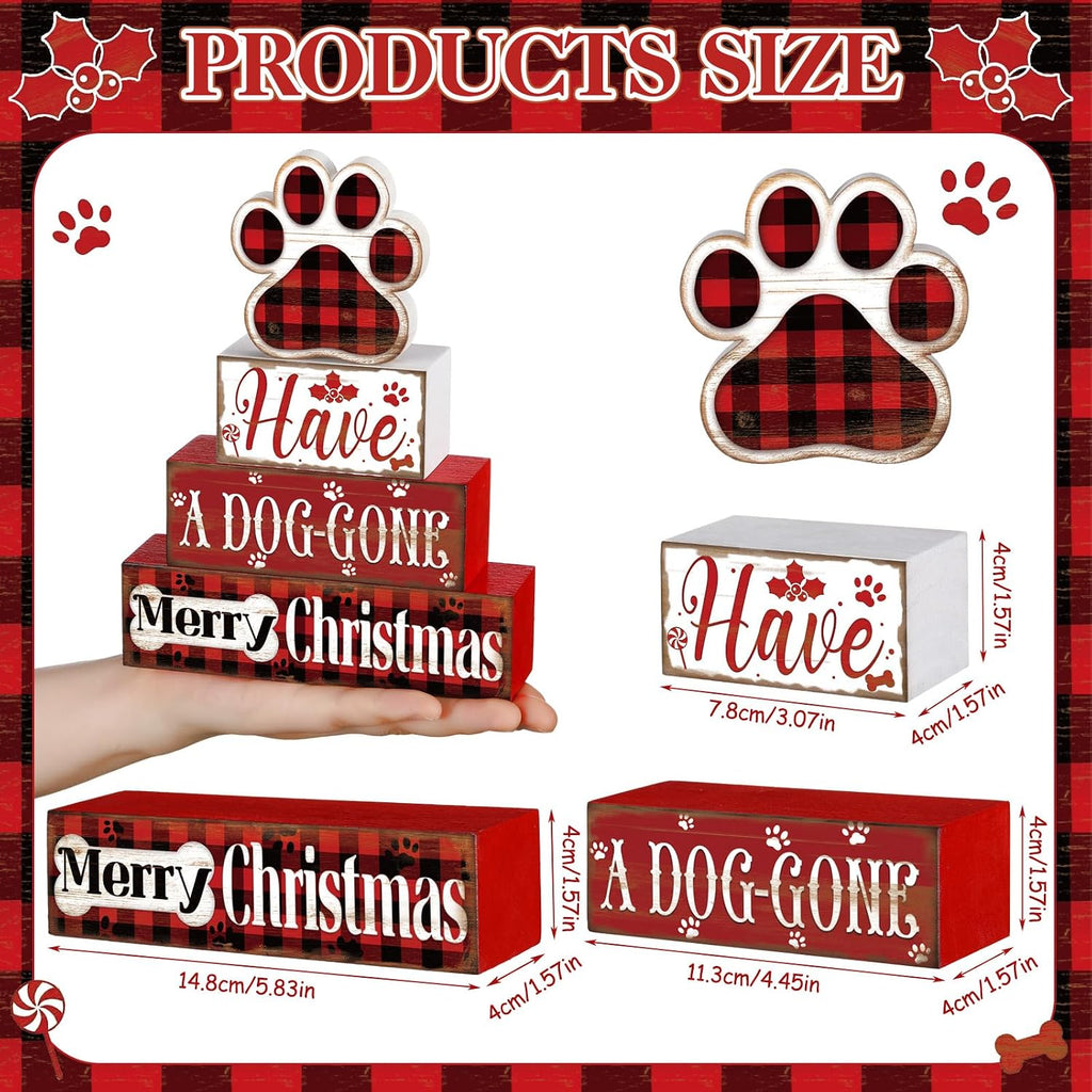 Moucuny Christmas Dog Wood Sign 4 Tier, Farmhouse Table Block Plaid Paw