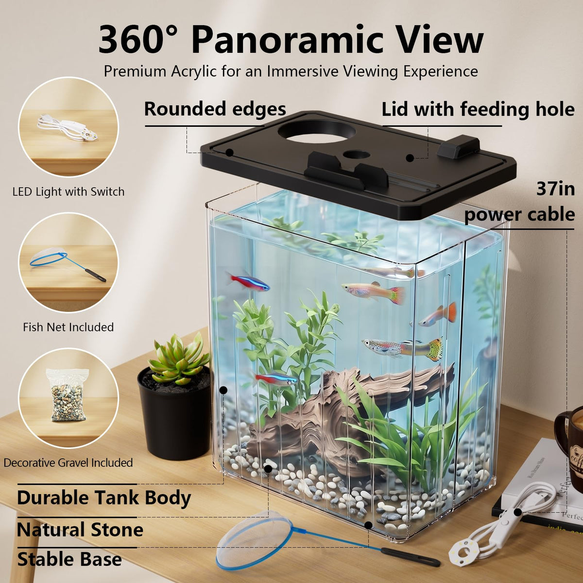 5 Gallon Fish Tank Aquarium Starter Kit with Filter and Light(Large Black)