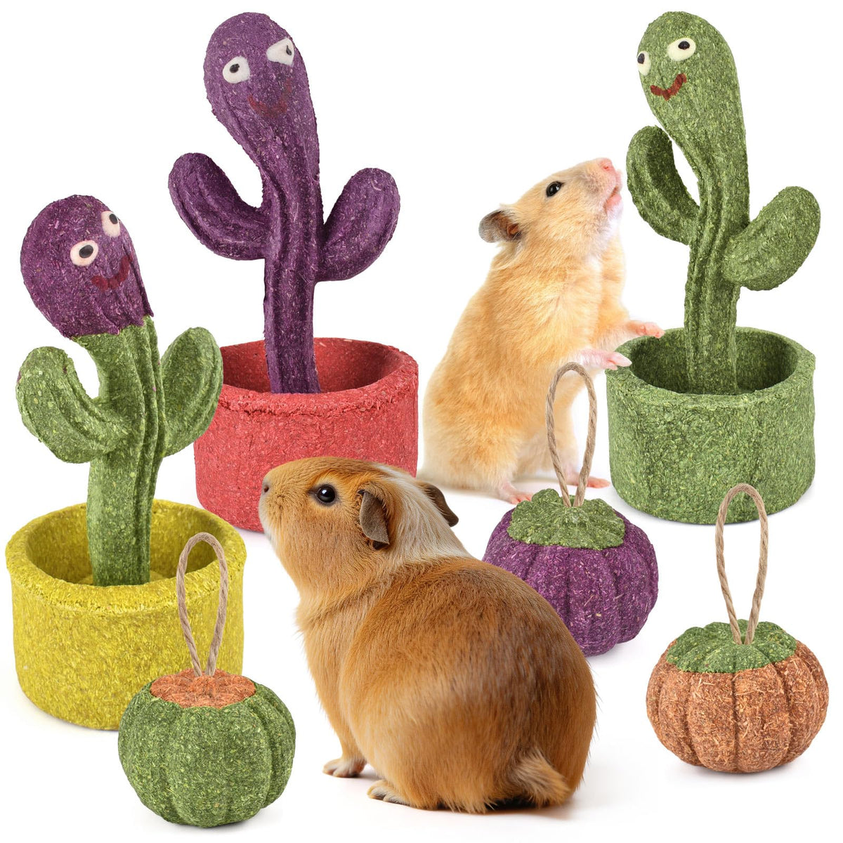ERKOON 2Pcs Guinea Pig Chew Toys, Natural Timothy Grass & Vegetables Bunny Treats, Prevent Teeth Overgrowth, Small Animal Molar Toy for Rabbit, Hamster, Chinchilla, Gerbil Habitat Decor，Cactus-Shaped
