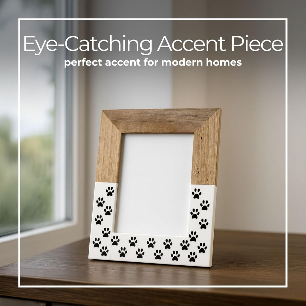Wooden Picture Frame with Paw Print Design – Rustic Wood and Resin Photo Display for Wall or Tabletop – Sentimental Keepsake for Living Room, Bedroom or Office Home Decor – 10", White