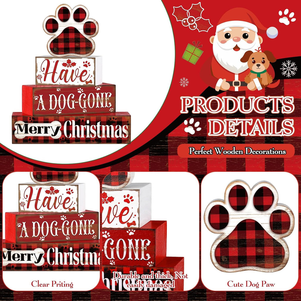 Moucuny Christmas Dog Wood Sign 4 Tier, Farmhouse Table Block Plaid Paw
