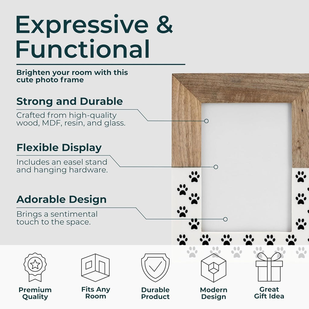 Wooden Picture Frame with Paw Print Design – Rustic Wood and Resin Photo Display for Wall or Tabletop – Sentimental Keepsake for Living Room, Bedroom or Office Home Decor – 10", White