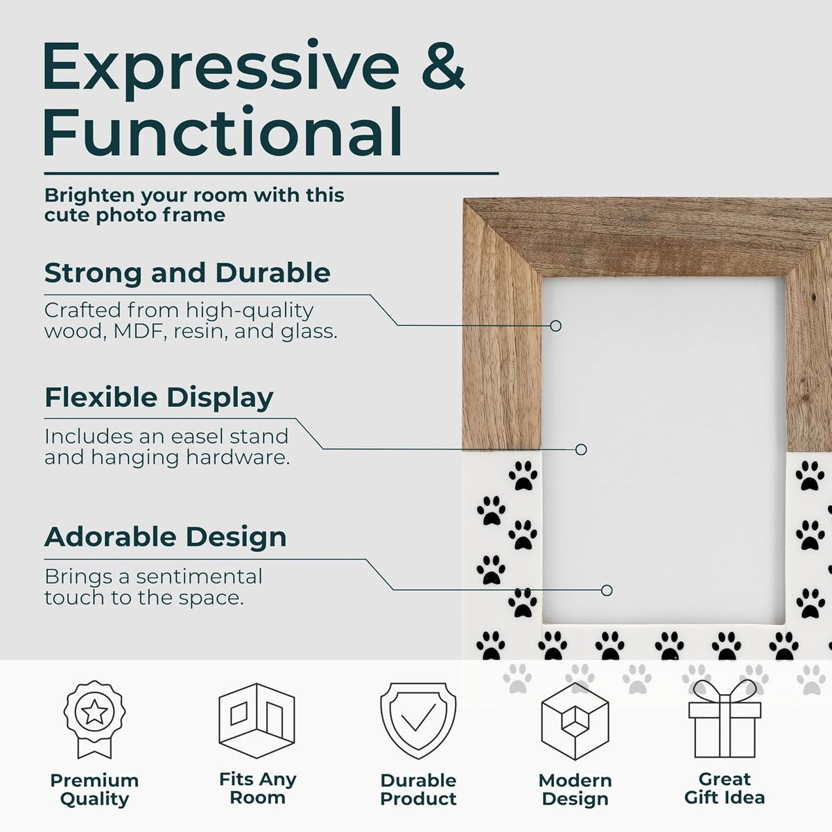 Wooden Picture Frame with Paw Print Design – Rustic Wood and Resin Photo Display for Wall or Tabletop – Sentimental Keepsake for Living Room, Bedroom or Office Home Decor – 10", White