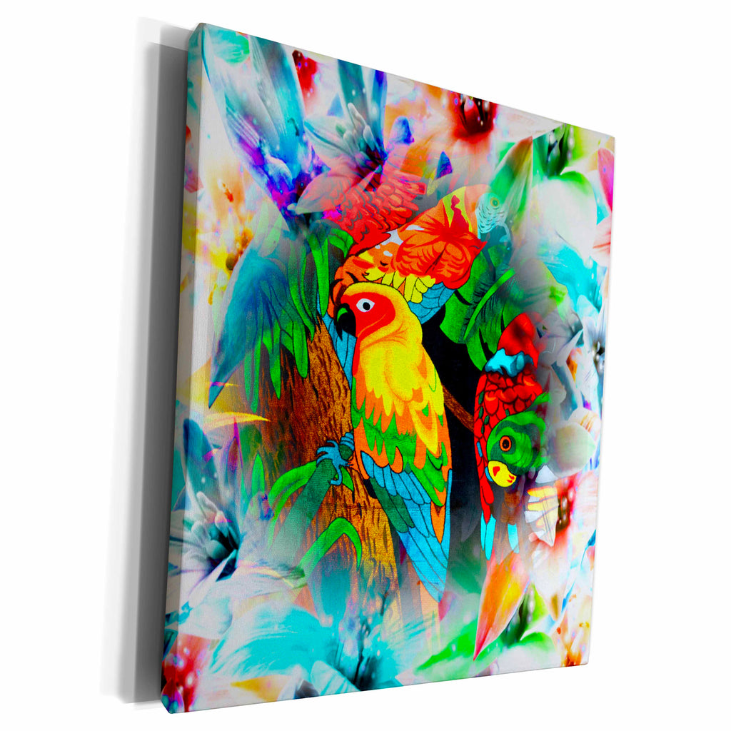 Amazon Parrots with pretty floral background bright... - Museum Grade Canvas Wrap