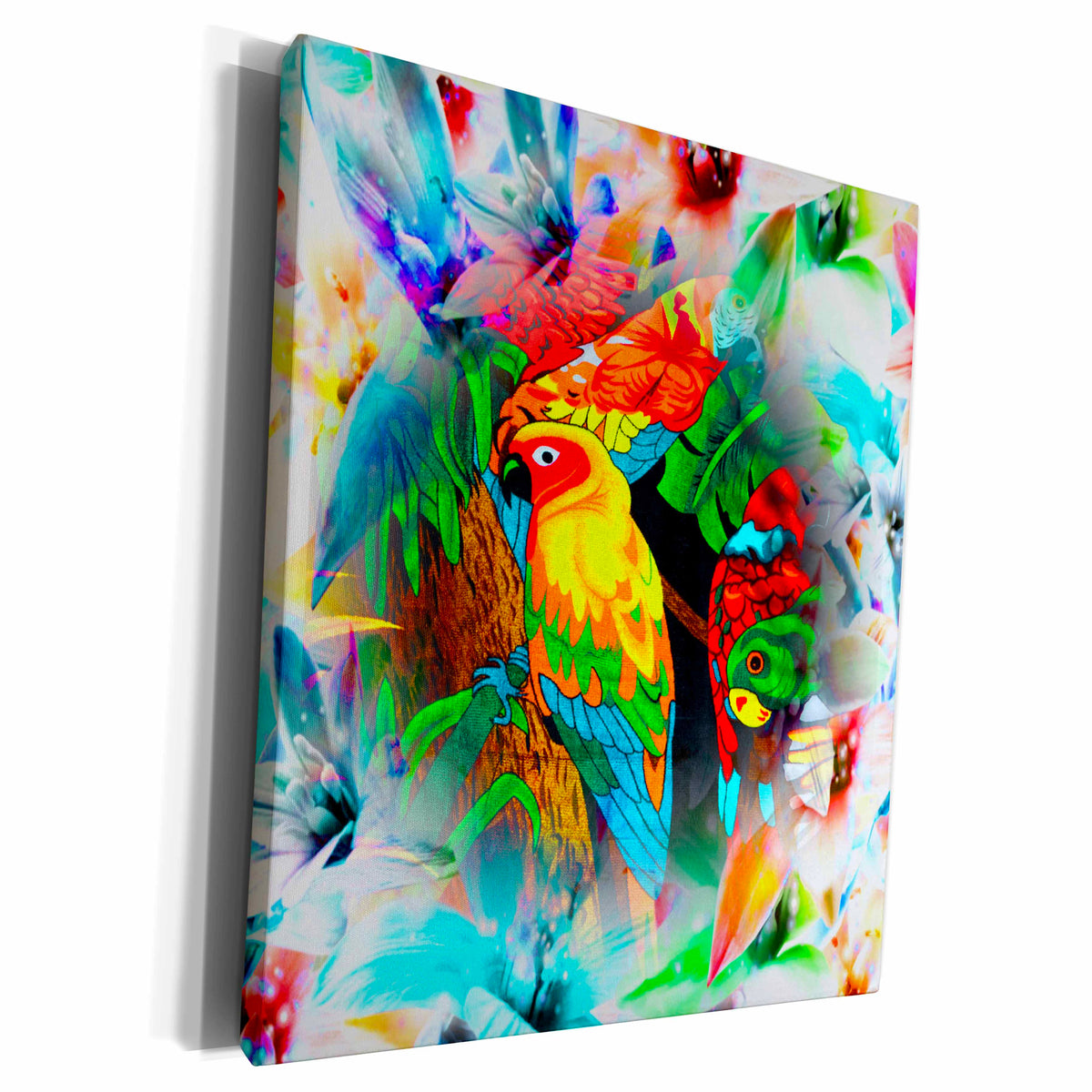 Amazon Parrots with pretty floral background bright... - Museum Grade Canvas Wrap
