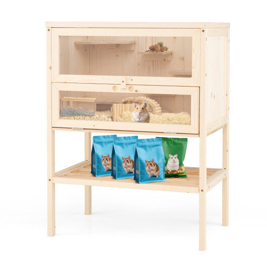 31.5 Inches Freestanding Hamster Cage Wooden Hamster Habitat Playpen-Natural - Color: Natural