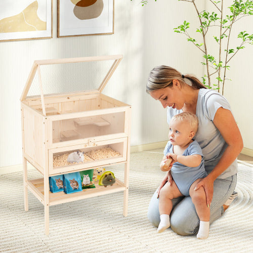 31.5 Inches Freestanding Hamster Cage Wooden Hamster Habitat Playpen-Natural - Color: Natural