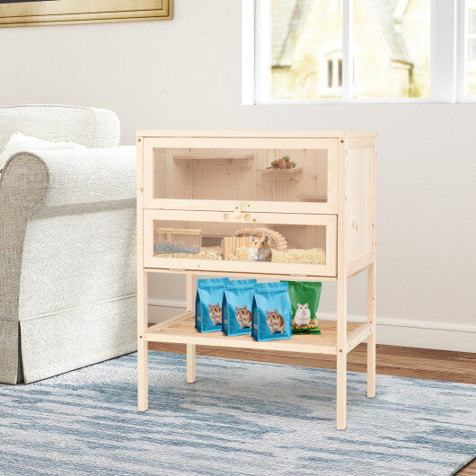 31.5 Inches Freestanding Hamster Cage Wooden Hamster Habitat Playpen-Natural - Color: Natural