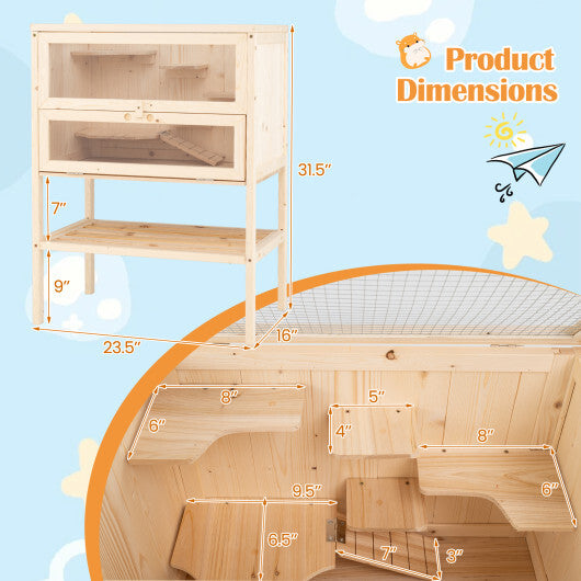31.5 Inches Freestanding Hamster Cage Wooden Hamster Habitat Playpen-Natural - Color: Natural