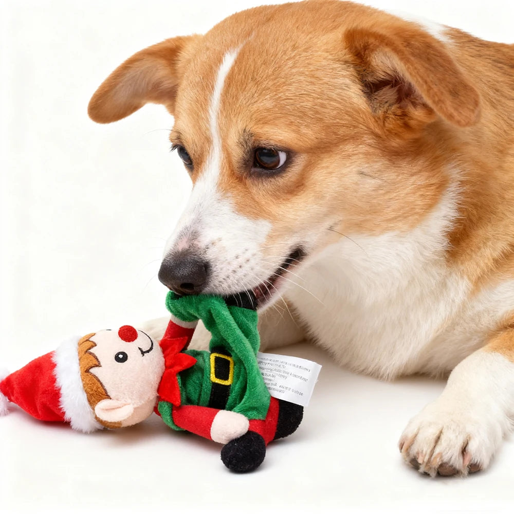 Christmas Plush Squeaky Dog Toy – Santa, Elf, Elk & Snowman