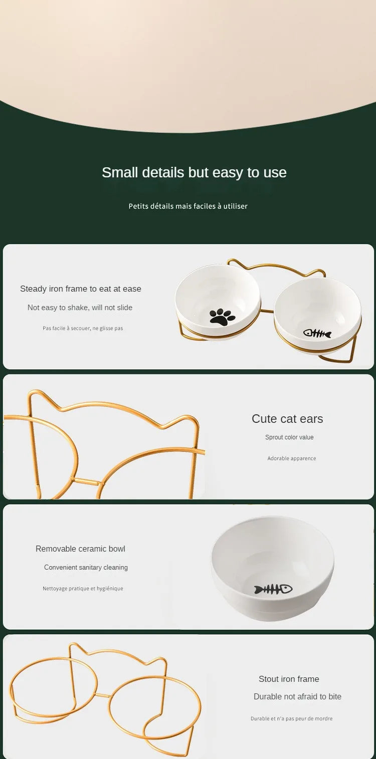 Ceramic Cat Bowl Cat Food Bowl Dog Bowl Drinking Water Bowl Food Bowl Cervical  Protection Pet Supplies Ceramic Double  Cat Bowl