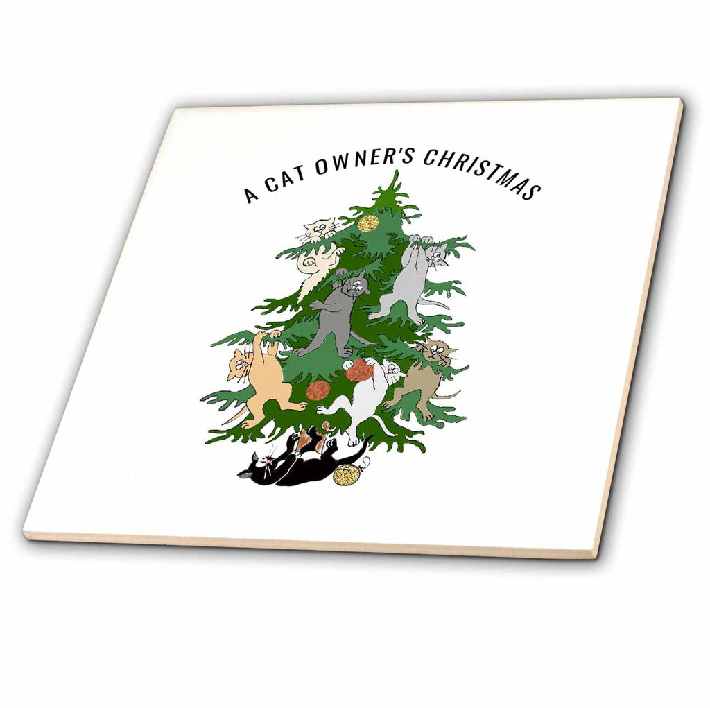 3dRose EvaLorentzenArt - Christmas - Christmas Tree with Kittens - Tiles (ct_356137)